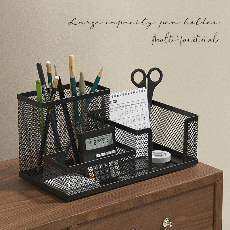Mesh Desk Organizer Office Supplies Caddy with Pencil Holder and Storage Baskets for Desktop Accessories, 3 Compartments, Black - Shoppiline