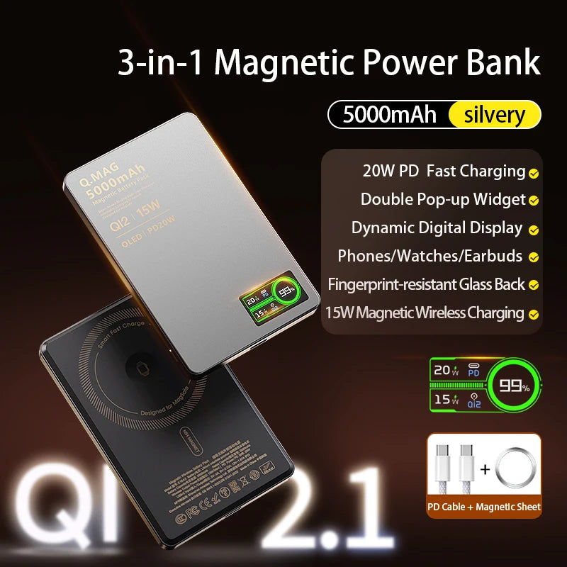 QI 2.1 Magnetic Powerbank Wireless Fast Charing Spare Portable External Battery for iPhone 12-17 Pro Watch Airpods 5000/10000mAh - Shoppiline