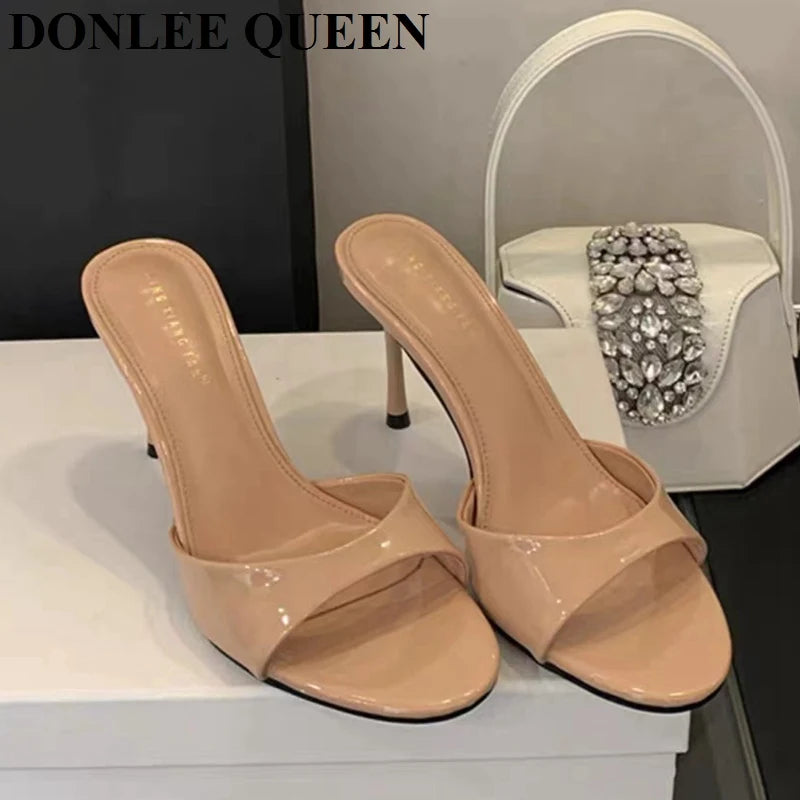 2026 Fashion Sexy Thin High Heels Slides Women Open Toe Pumps Slip Sandal Female Slippers Mule Patent Leather Outdoor Flip Flops
