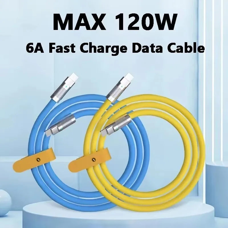 120W 6A Cable  Super Fast Charge PD Type C Liquid Silicone Cable 1M 1.5M 2M Cable C To C Quick Charger Cable for Xiaomi iPhone