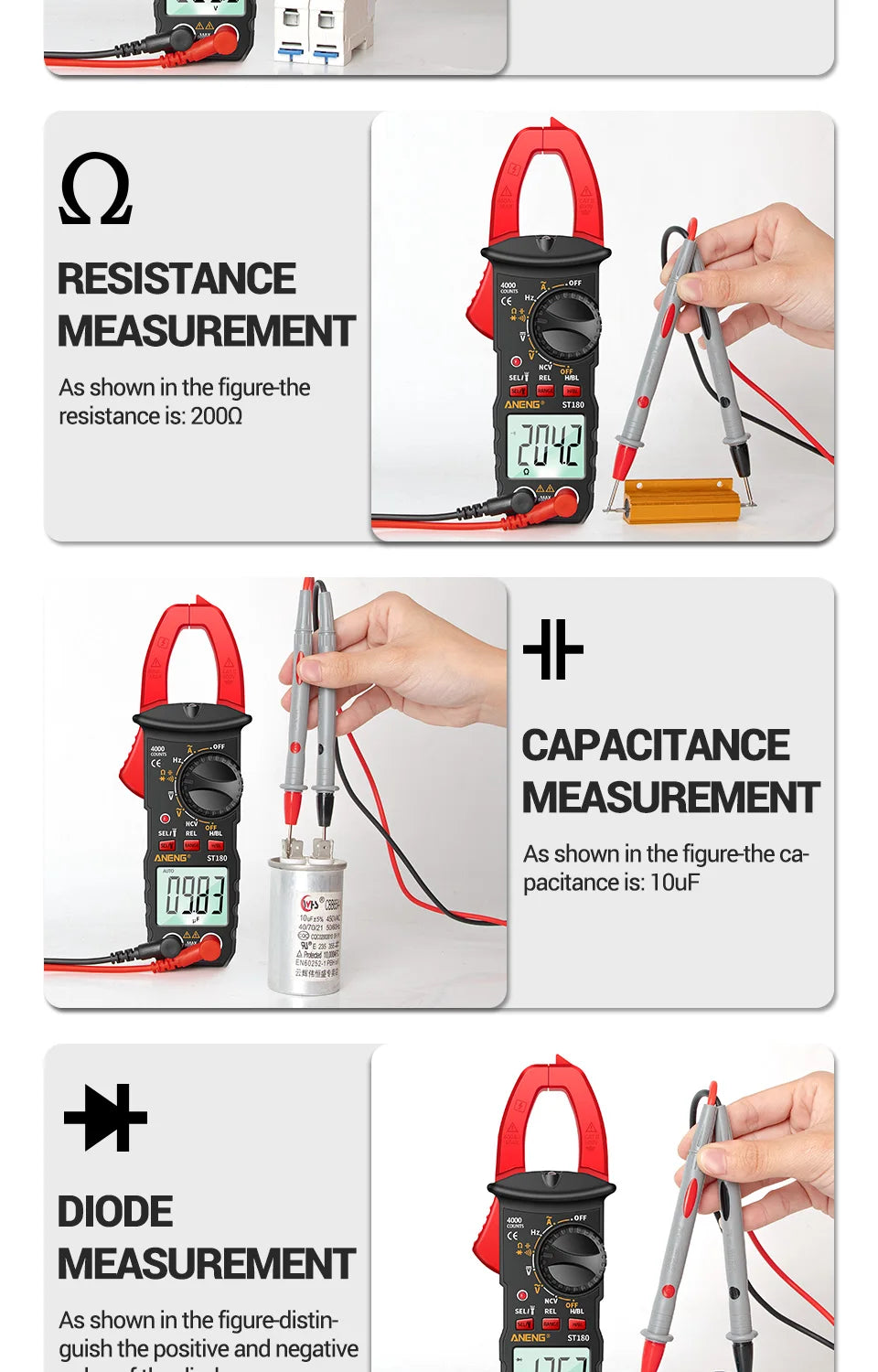 ANENG ST180 AC Current Clamp Meter  Digital 4000 Counts Multimeter Ammeter Voltage Tester Car Amp Hz Capacitance NCV Ohm Tool - Shoppiline