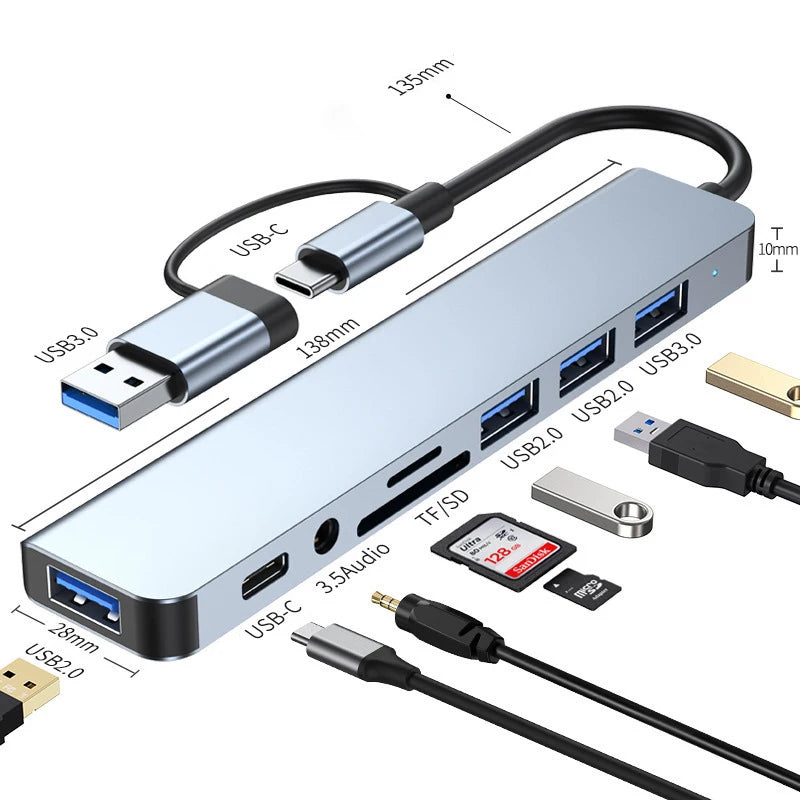 8-in-2 USB-C-Hub-Dockingstation mit 3,5-mm-Audiobuchse, Micro-SD-Kartenleser, Laptop-, Tablet-, Telefon- und Festplattenkonverter