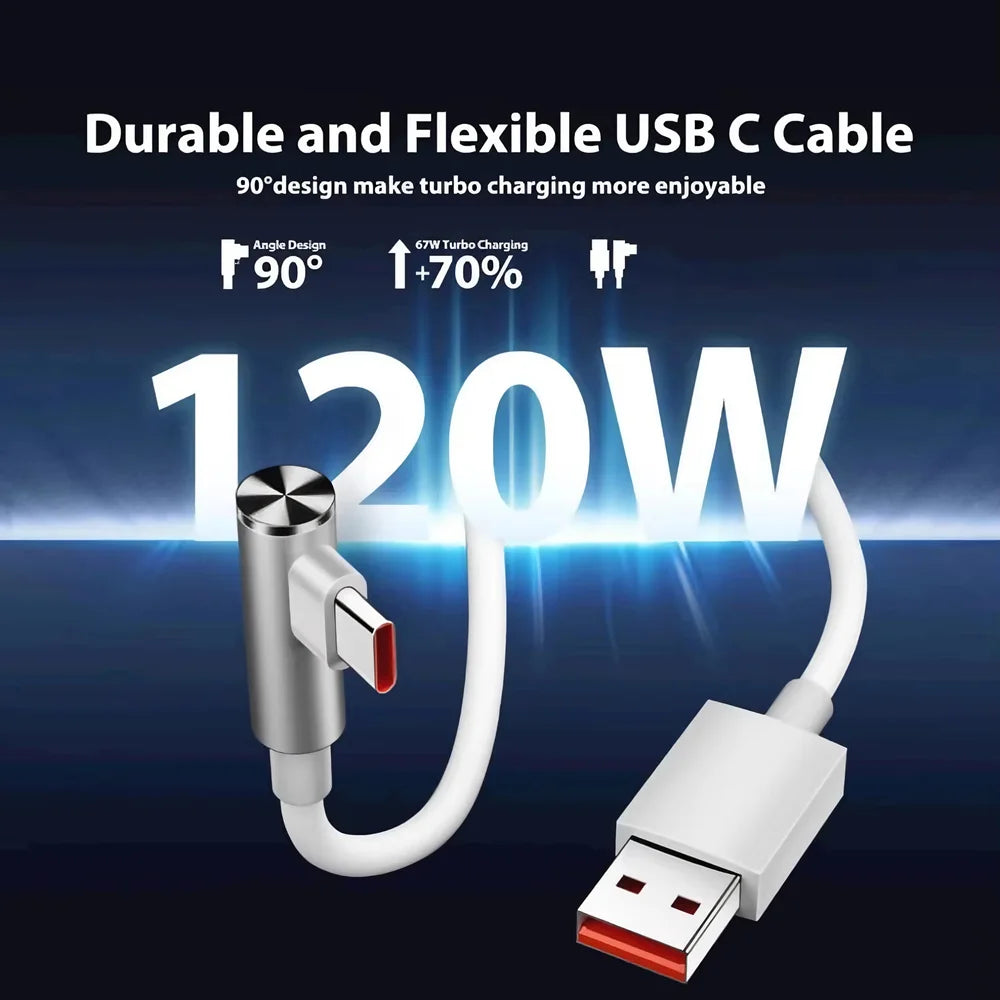 120W Type C Cable 90 Degree Elbow For Xiaomi 12 13 14 15 17 Redmi Note 13 14 15 POCO F7 F8 X5 X6 X7 Pro Quick Charging USB Cable