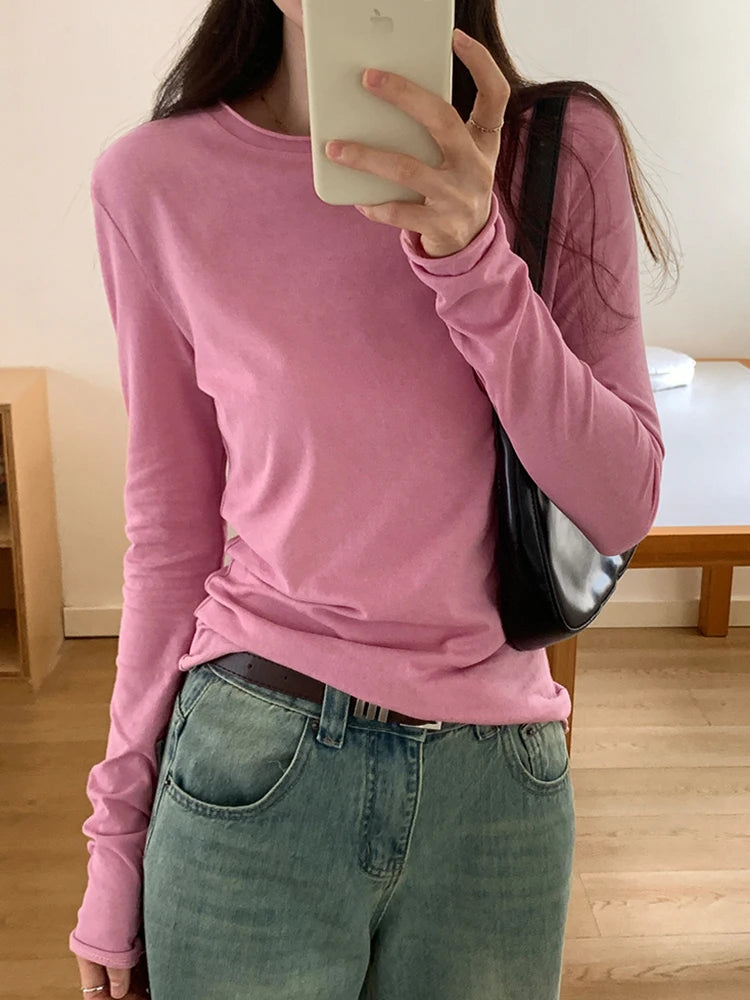Spring Autumn T shirt Women Tops Solid Long Sleeve Ruched O Neck Tshirts Female Korean Casual Streetwear High Quality Base Tees