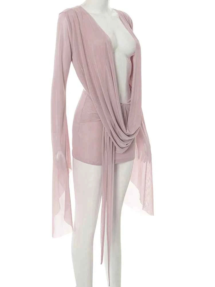 Beyprern Elegant Flare Sleeve V Neck Ruched Sheer Mesh Short Dress Pink Holiday Outfits Beach Cover-Up Dress Night Out Vestidos