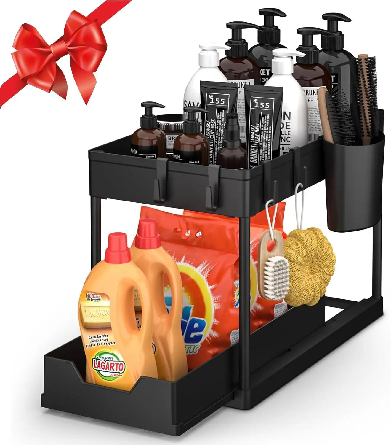 Under Sink Organizers 2 Tier Under Bathroom Cabinet Holder with Hooks & Hanging Cup, Multi-Purpose Storage Shelf for  Kitchen - Shoppiline