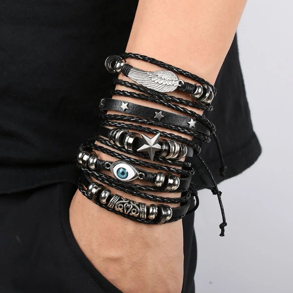 6pcs/Set Black Punk Skull & Star Shaped Alloy & Pu Leather Bracelet