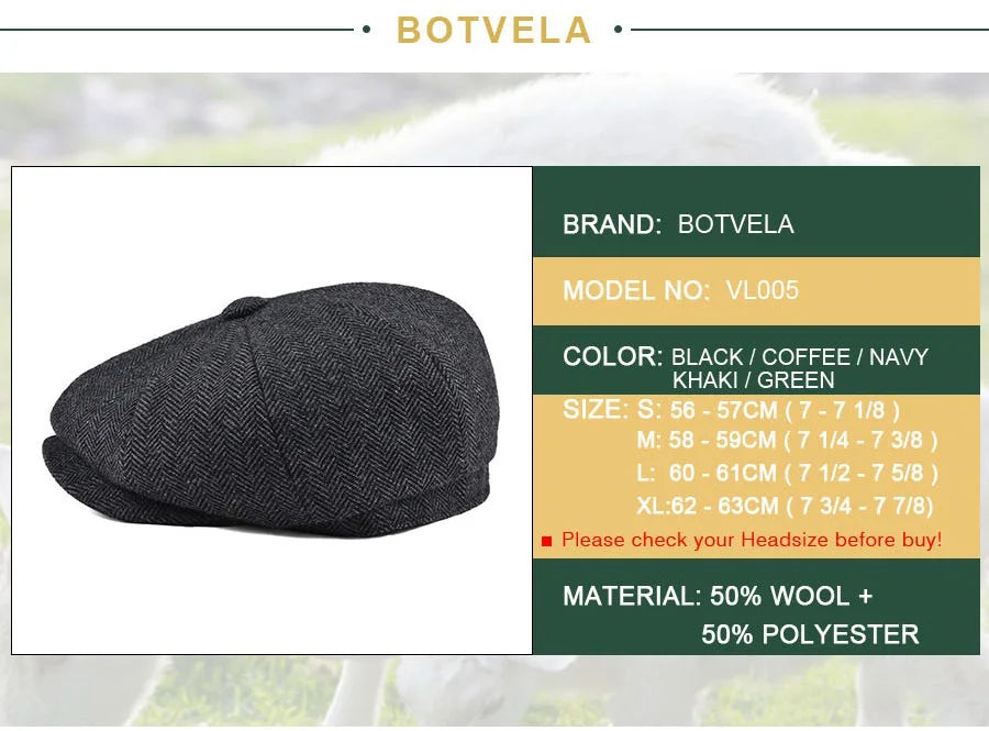 BOTVELA Wool Tweed Newsboy Cap Herringbone Men British Gatsby Retro Hat Driver Flat Cap for Male Vintage Herringbone Beret