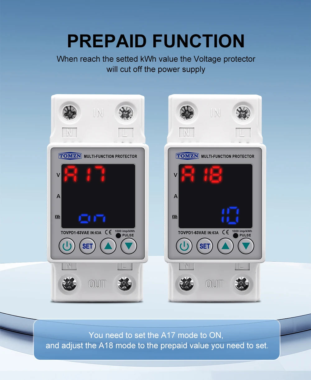 DIN Rail Dual Display Adjustable Over Voltage Current And Under Voltage Protective Device Protector Relay 40A 63A 80A 220V 230V