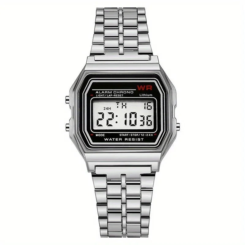 F91W Nicht wasserdichte Stahlbanduhr für Damen, Herren, Business-Uhr, multifunktionale LED-Digital-Sportuhr, elektronische Uhr