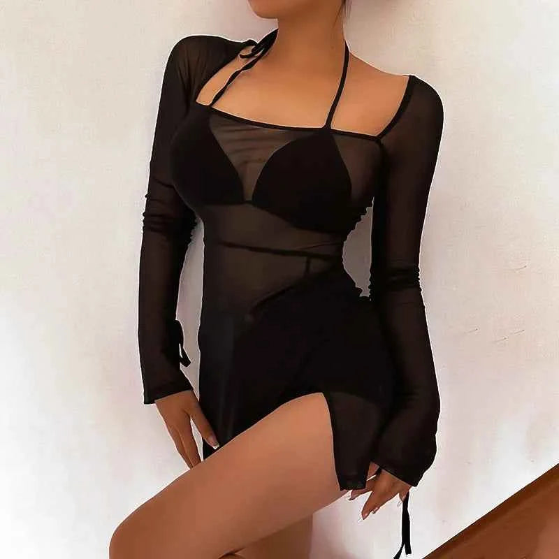 Women's Square Collar Mini Dress Y2K Gauze Long Sleeve Sheer Sexy Night Outfit Clubwear Solid Color