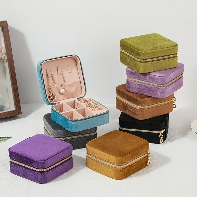 Boîte à bijoux en velours pour femmes, organisateur de colliers, bagues, boucles d'oreilles, étui de rangement portable carré à fermeture éclair