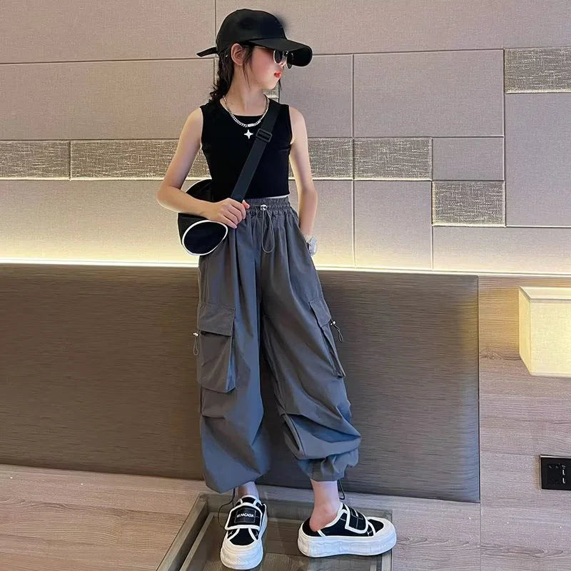 Girls Loose Joggers Pants Teen Casual Straight Cargo Trousers Fashion Children Pockets Design Streetwear Big Kids Pants 5-14 Yea