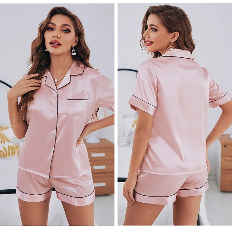 Short Sleeve shorts set ladies home wear women's silk pajamas Ice Silk breathable comfortable top pants set