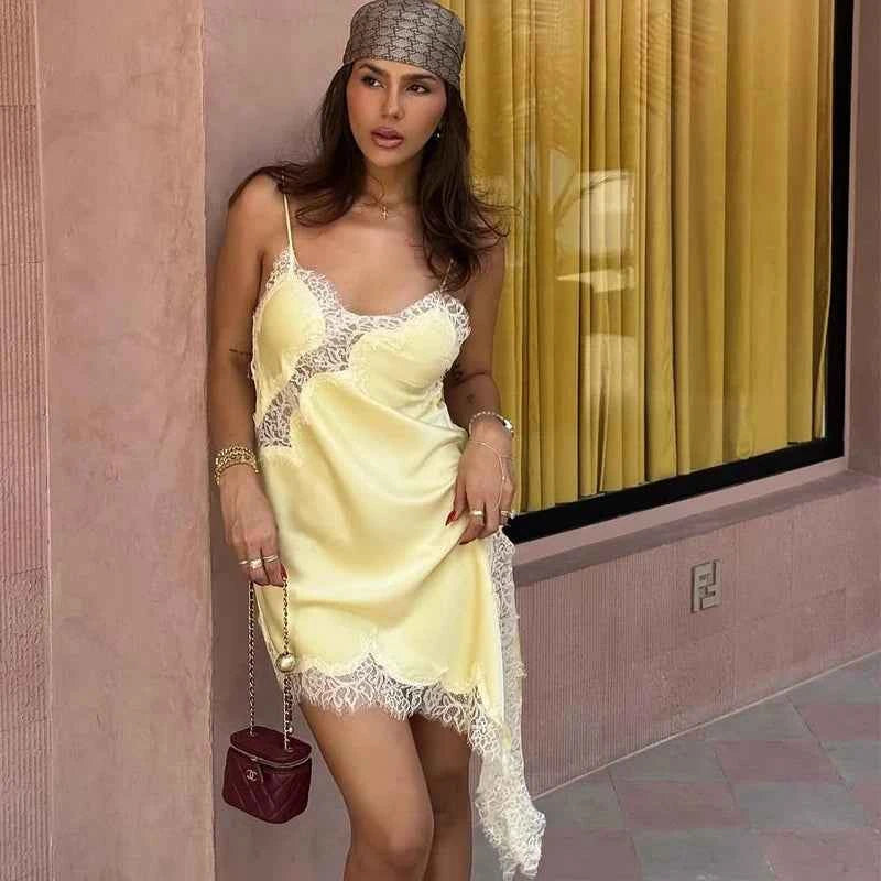 HXAO Asymmetrical Lace Dress Woman Sleeveless Slip Black Dress Summer Satin Party Dresses Backless Sexy Short Night Dresses