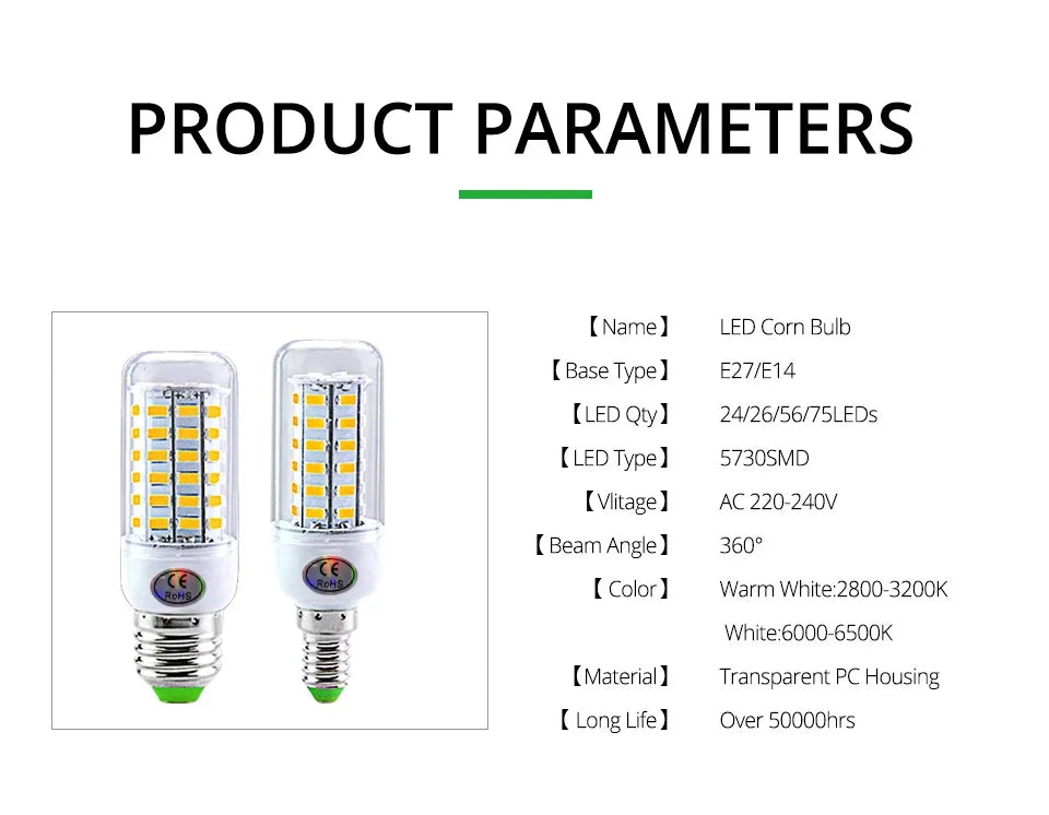 E27 E14 LED Lamp SMD 5730 220V Corn Light Bulb 24 36 56 72 LEDs Energy Saving Lamp Ampoule LED Chandelier Lighting for Home