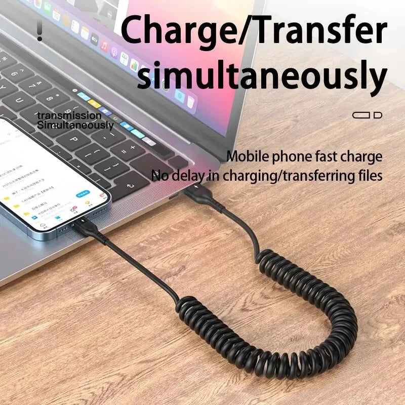 USB Type C 66W Car 5A Fast Charging Type C to Type C Spring Telescopic Cable For iPhone 15 Samsung Huawei Xiaomi Redmi OnePlus