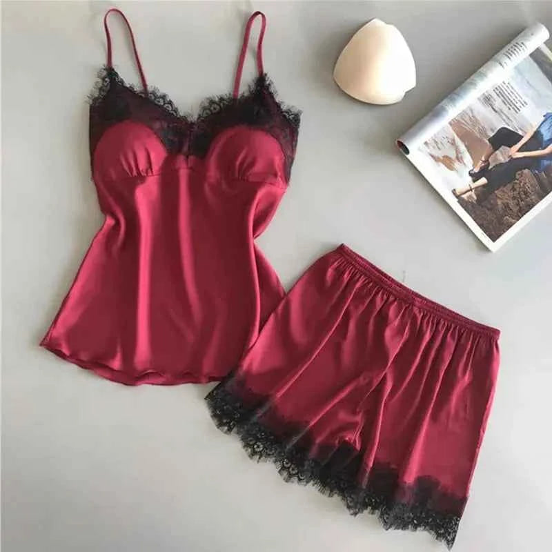 Women Halter Pajamas  Camisole Shorts Home Wear Red Black Sexy Lace Ventilate Classic Summer Thin Pajamas Without Chest Cushion