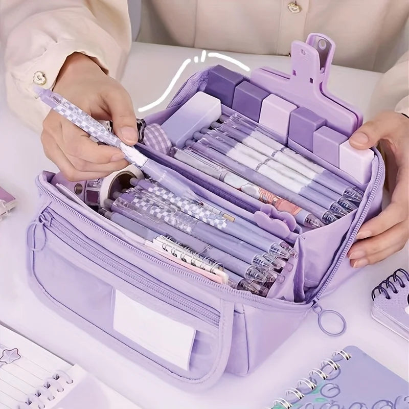 Large Capacity Pencil Case Organizer - Multi-Compartment Desktop Storage for School & Office Supplies ( Pink/Purple/Black) - Shoppiline