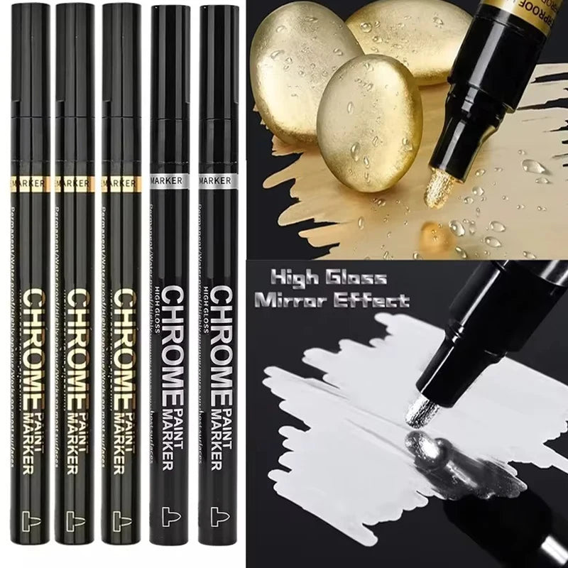 5/1pcs Chrome Pen Marker Mirror Waterproof Paint Repair For Rock Ceramic Glass Metallic Gold/Silver 2mm Nib - Shoppiline
