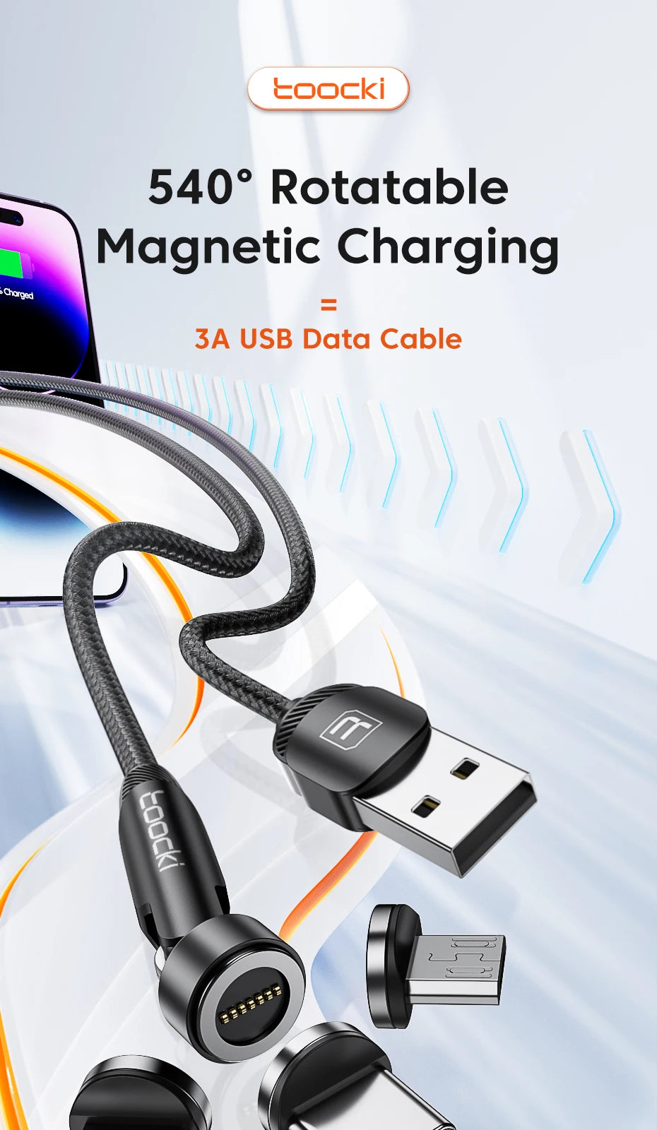 Toocki 540 Rotate Magnetic USB Type C Cable For iPhone 12 X Xiaomi Fast Charger Micro USB Type-C Magnet Charging Cable Data Wire