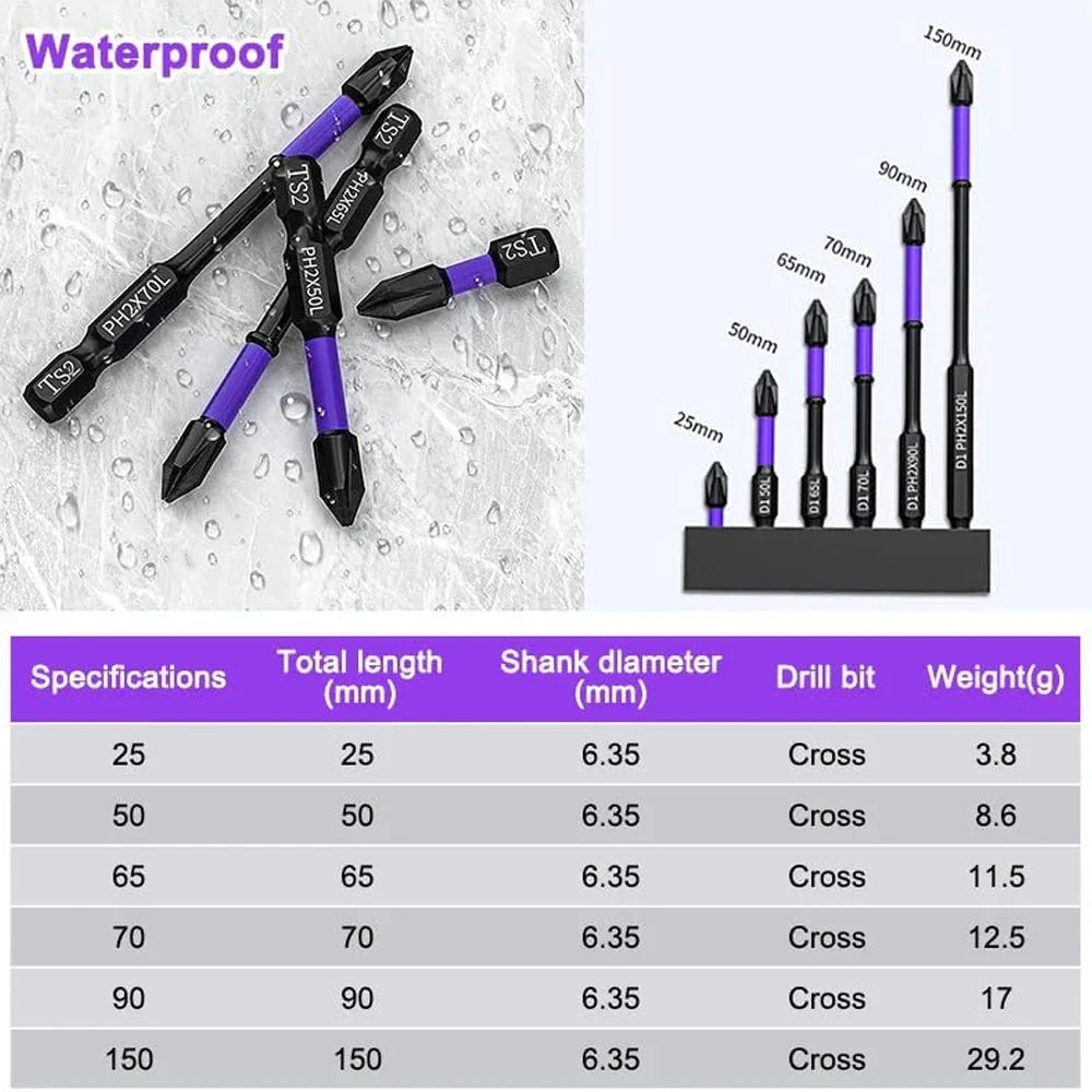 6/12 Embouts de tournevis magnétiques antidérapants antichocs Phillips embouts à chocs tige hexagonale en acier allié adaptés aux outils électriques