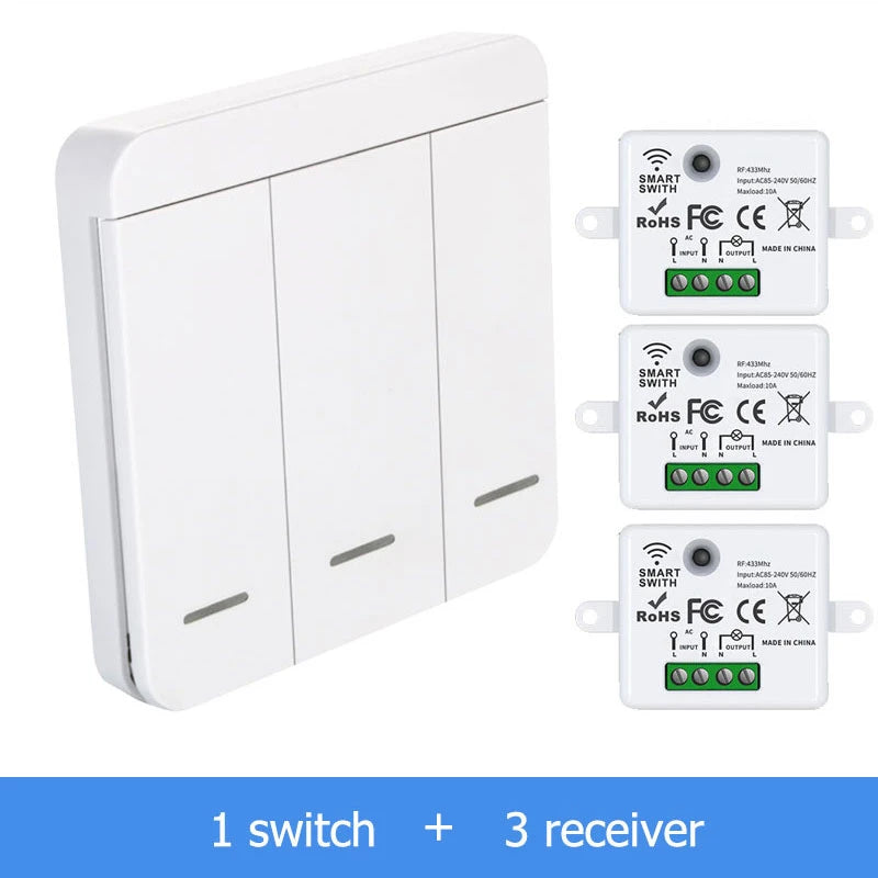 Wireless Light Wall Switch Relay Receiver RF 433Mhz 1/2/3Gang Panel Switch Remote Control Interruptor for LED Lamp 10A 110V 220V