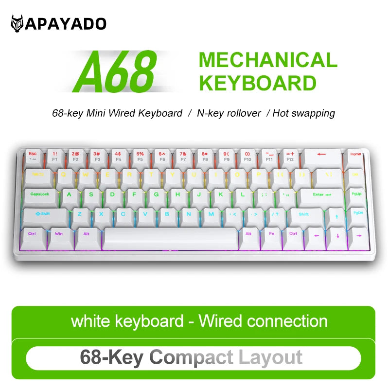 APAYADO A68 Wired Mechanical Keyboard RGB Backlight,Fully Hot-Swappable Keys,ABS Keycaps,68-Key Keyboard for Gaming/Office Use