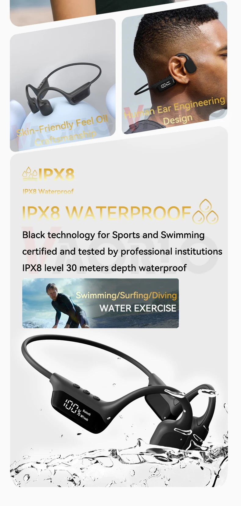 #IPX8 Waterproof Bone Conduction Wireless Headphone Bluetooth 5.4+32GB RAM MP3 Player HIFI Music Sport Swimming Headset With Mic