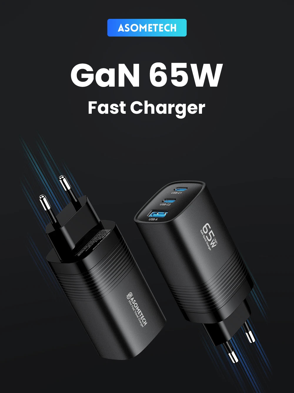ASOMETECH GaN USB Type C Charger 65W 45W PPS PD QC4.0 Quick Charger For Macbook Laptop IPAD Tablet iPhone 14 Samsung S23 Ultra - Shoppiline