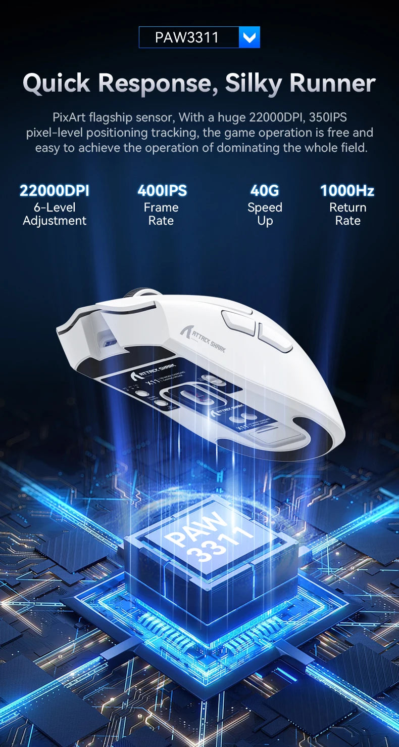 Attack Shark X11  X11SE Wireless Gaming Mouse 3-Mode , PAW3311, 22000DPI, 400IPS, PC Gaming Mouse