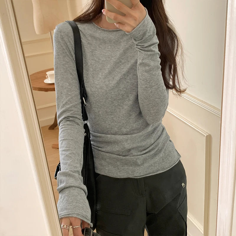 Spring Autumn T shirt Women Tops Solid Long Sleeve Ruched O Neck Tshirts Female Korean Casual Streetwear High Quality Base Tees