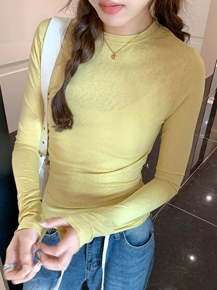 Spring Autumn T shirt Women Tops Solid Long Sleeve Ruched O Neck Tshirts Female Korean Casual Streetwear High Quality Base Tees