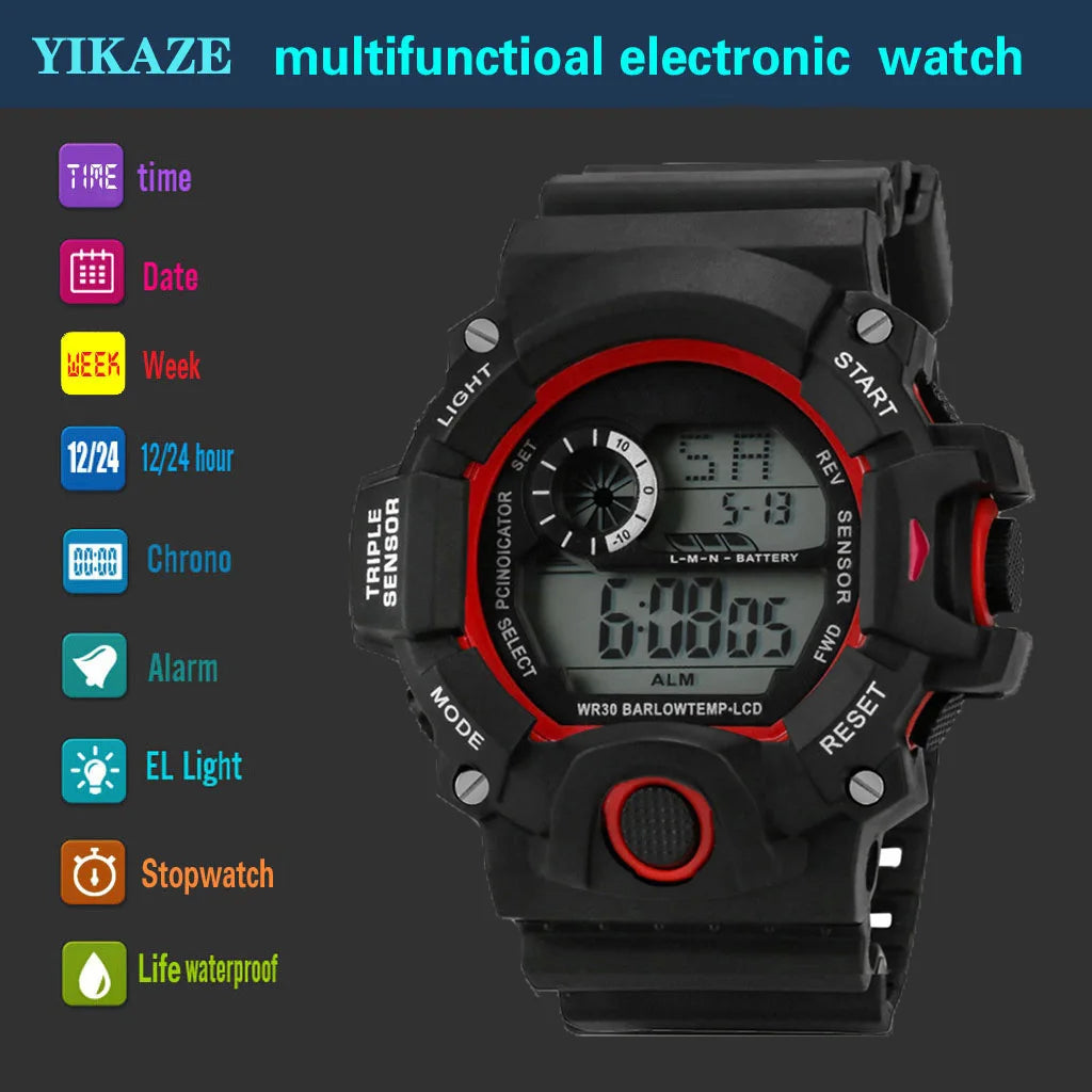 Mode Herrenuhr Sportliche elektronische Armbanduhr Großes Zifferblatt Multifunktional Wasserdicht Leuchtend Alarm Kinder Militäruhr für Herren