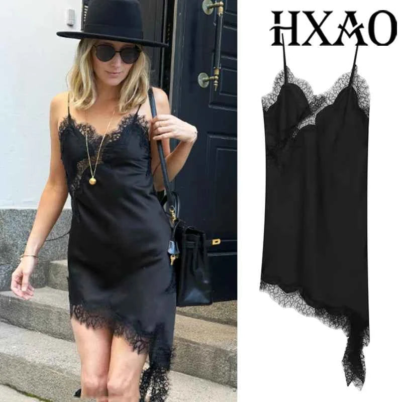 HXAO Asymmetrical Lace Dress Woman Sleeveless Slip Black Dress Summer Satin Party Dresses Backless Sexy Short Night Dresses
