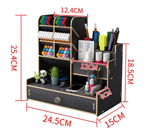 Wooden Desk Organiser DIY Desktop Tidy Pen Holder Large Capacity Stationery Storage Box with Drawer for Home Office and School - Shoppiline