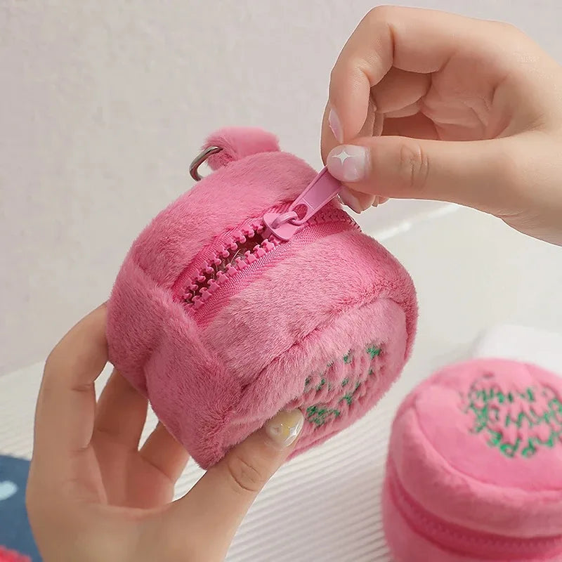 Rosa Mini-Münz-Täschchen Kopfhörerkabel-Aufbewahrungstasche Kawaii Flecken Süße Plüsch-Harries Tragbare Geldbörse Münzbeutel Kuchen-Tasche