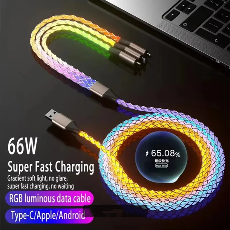 6A Fast Charging RGB Breathing Luminous Gradient Light Data Cable 66W TYPE-C Charger For iPhone 15 Pro Huawei Samsung Data Cable