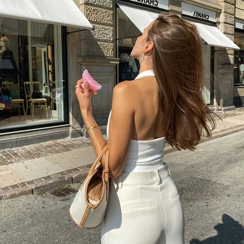 Women's Ribbed Halter Neck Crop Tank Top Sleeveless U-Neck Backless Slim Fit Solid White Knit Cami Summer Casual Basic Y2K