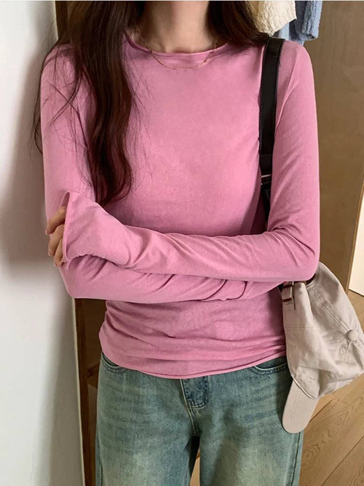 Spring Autumn T shirt Women Tops Solid Long Sleeve Ruched O Neck Tshirts Female Korean Casual Streetwear High Quality Base Tees