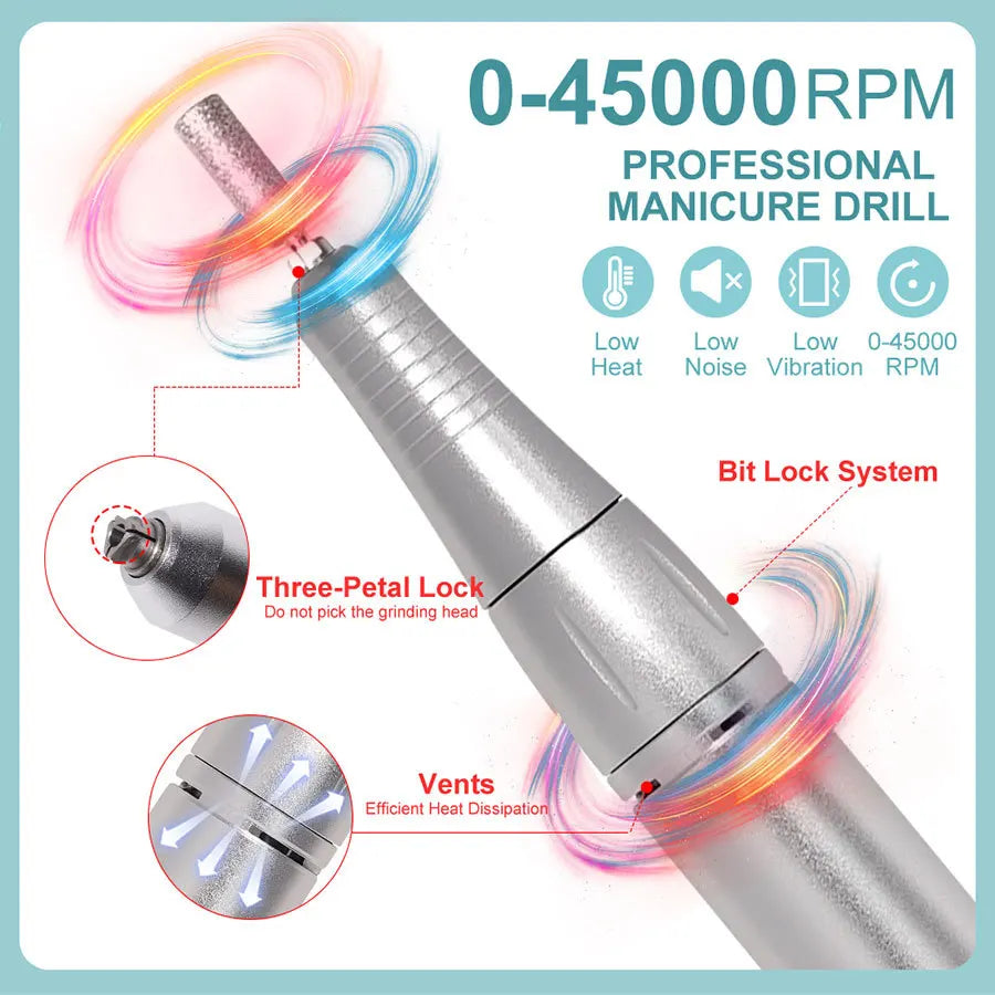 Professional 45000RPM Electric Portable Nail Drill Machine Rechargeable Low Noise Nail Sander File for Manicure Salon Tool