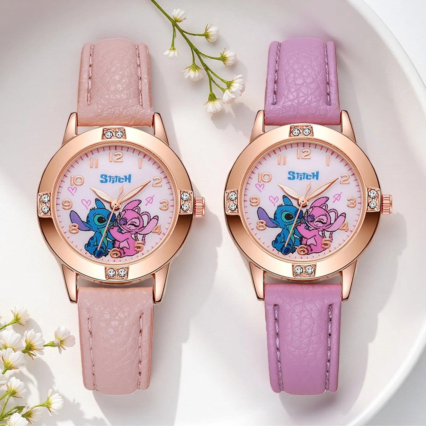 New Cartoon Pattern Stitch Girls Watches for Kids Leather Strap Children Watch with Rhinestone Dial reloj stich Exquisite Gift