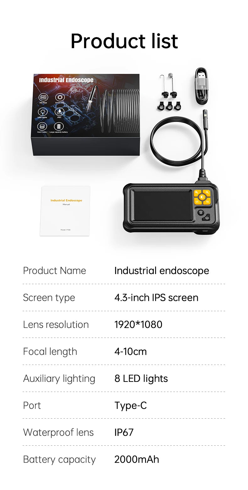 KERUI Industrial Endoscope Camera 4.3inch IPS Screen Dual Lens HD IP67 Waterproof Light Inspection Borescope For Pipe Car Repair - Shoppiline