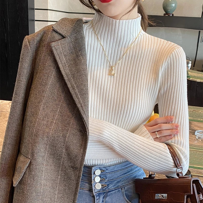 Nouveau pull élégant basique en maille unie pour femme, col roulé, manches longues, décontracté, coupe ajustée, mode simple et chic