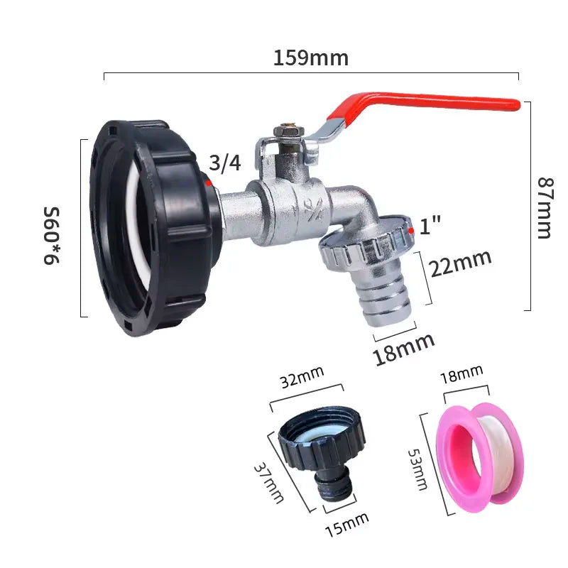 S60x6 Coarse Thread IBC Tank Tap Connecter x 1/2'' 3/4'' Water Coupling Adapter 1000L Garden Home Replacement Valve Fitting