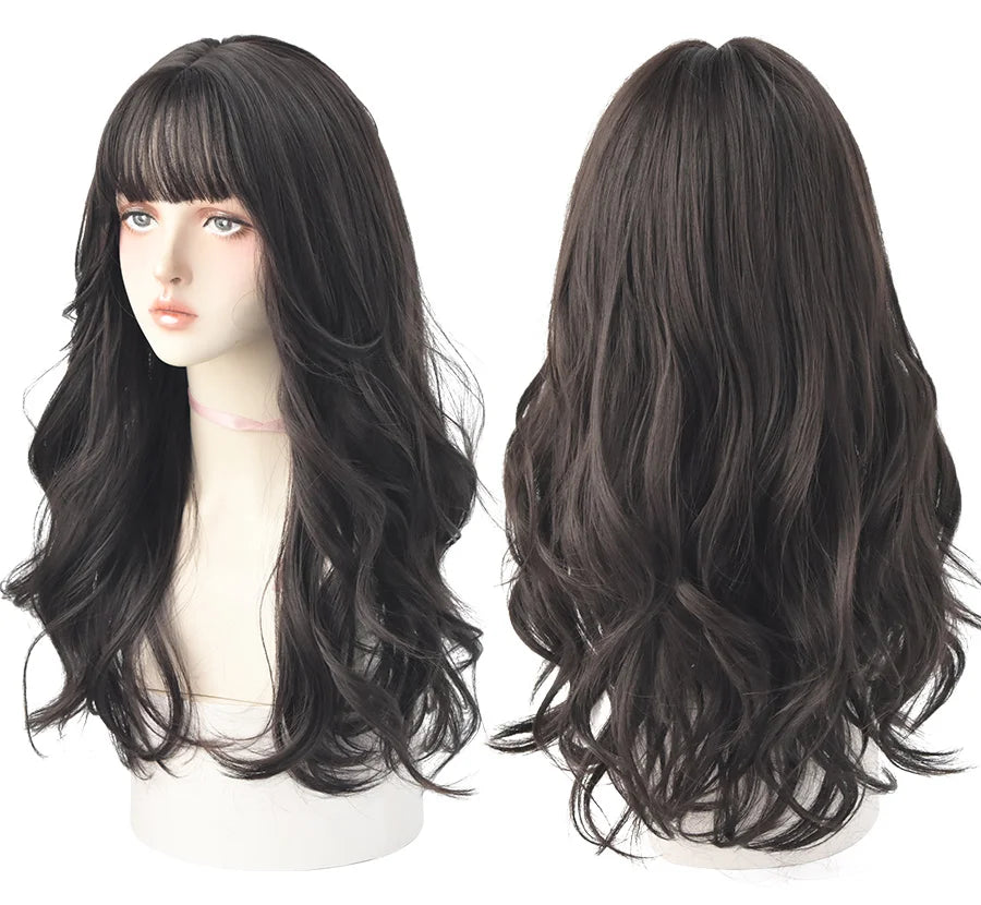 7JHH WIGS Popular Brown Ash Long Deep Wave Hair Lolita Wigs With Bangs Synthetic Wig For Women Fashion Thick Curls Wigs Girl