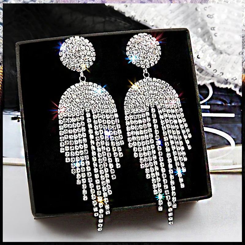Shiny Crystal Zircon Long Stud Earrings for Women Geometric Hanging Drop Tassel Earring Fashion Party Vintage Pendant Jewelry