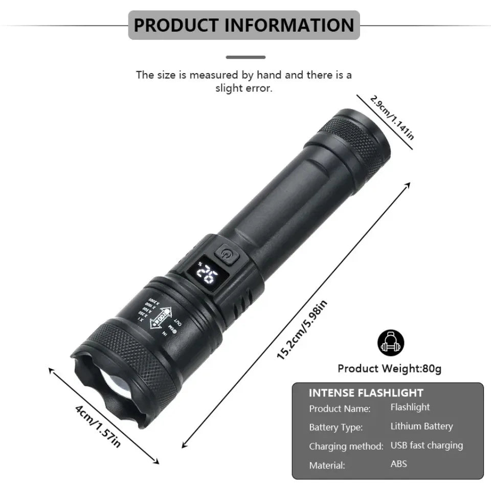 Powerful P70 LED Flashlight Ultra Bright 5000LM Tactical Light with Telescopic Zoom Emergency Spotlight Built-in Battery