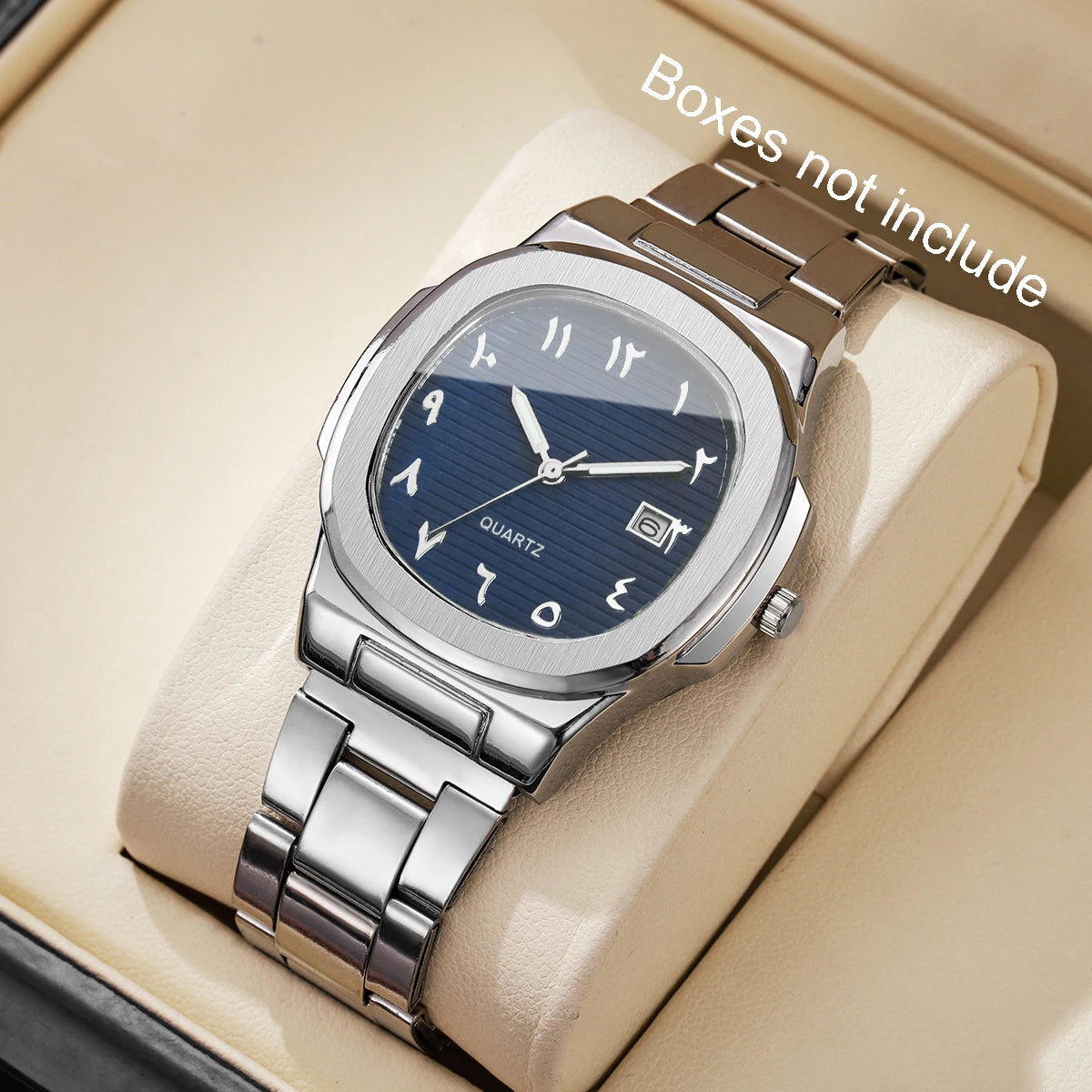 Luxus Herren Business Uhren Mode Quadratisches Zifferblatt Edelstahlarmband Quarzuhr mit Kalender für Herrenuhr (Ohne Box)