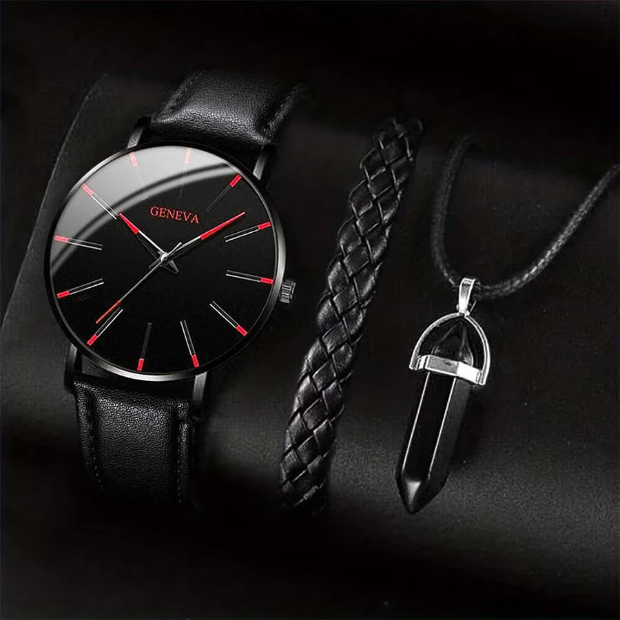 3-teiliges Set Herren Business Uhren Lässiges Lederarmband Analog Quarz Armbanduhr Herren Halskette Armband Set